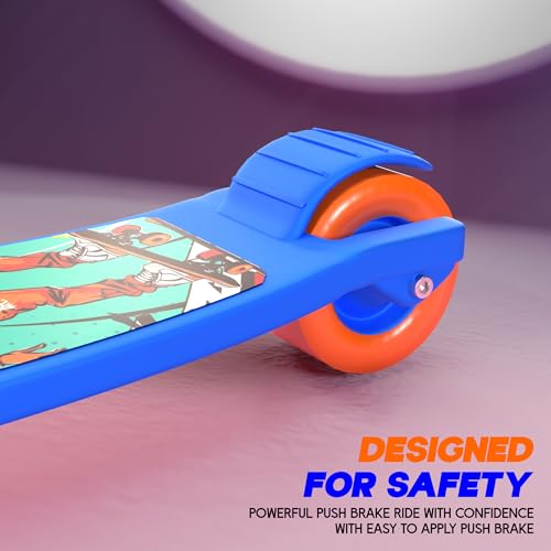 Image of Konex Kick Scooter for Kids (2+ Years) | 3 Broad Rubber Wheels for Smooth Ride | 4-Level Height Adjustable Handle | Foldable & Portable with Back Brake (Blue-Orange, ECO)