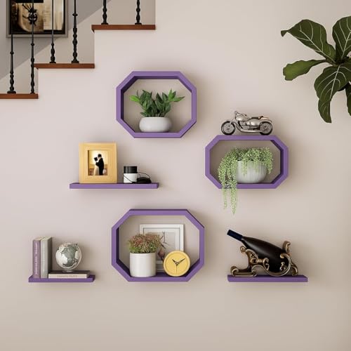 Image of Wall Mounted Floating Shelves Set of 6, Multipurpose Display, Book, Storage & Decor Shelves, Octagon Shape Wooden Wall Shelf for Living Room, Bedroom, Kitchen (Multicolor)