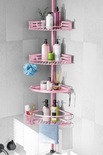 HAMITOR Corner Shower Caddy with Tension Pole, 4-Tier Storage