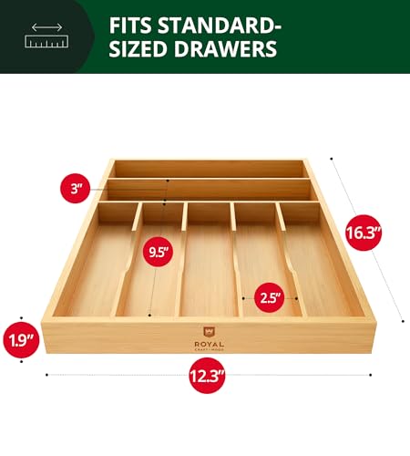 ROYAL CRAFT WOOD Luxury Bamboo Utensil Rack and Silverware Organizer, Kitchen Drawer Organizer - Utensil Holder and Cutlery Tray with Grooved Drawer Dividers for Flatware 7 Slot, Natural