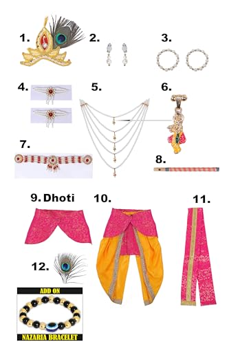 Image of Krishna Dress for Kids, Baby Krishna Dress for Janmashtami with Krishna Mukut, Peacock Feather & Flute Embroidered Krishna Costume for Girl & Boy, 3 Months-8 Years