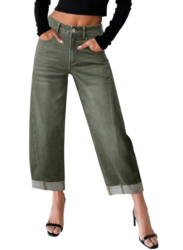 Image of Sidefeel Barrel Jeans for Women High Waisted Wide Leg Baggy Stretchy Trendy Raw Rolled Hem Capri Cropped Ankle Denim Pants