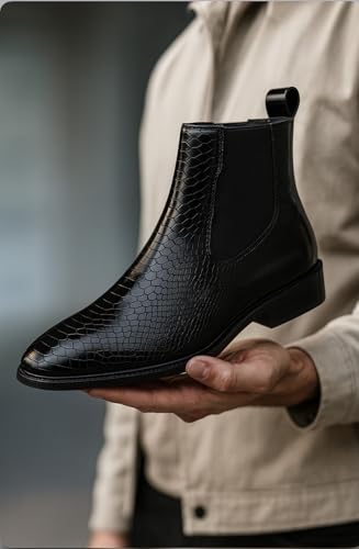 Image of Men's Leather Chelsea Boots | Ankle Boots with Textured Finish Formal & Smart Casual Boots | Comfortable Fit, Trendy, Stylish Boots | Leather Boots for Office /Fashionable