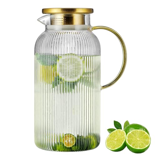 Image of Buaic Glass Pitcher with Lid, 68 oz/2 Liter Classic Vertical Stripes Water Pitcher,Glass Water Carafe for Cold Brew, Coffee, Lemonade, Iced Sun Tea,Beverage,Milk, Heat Resistant