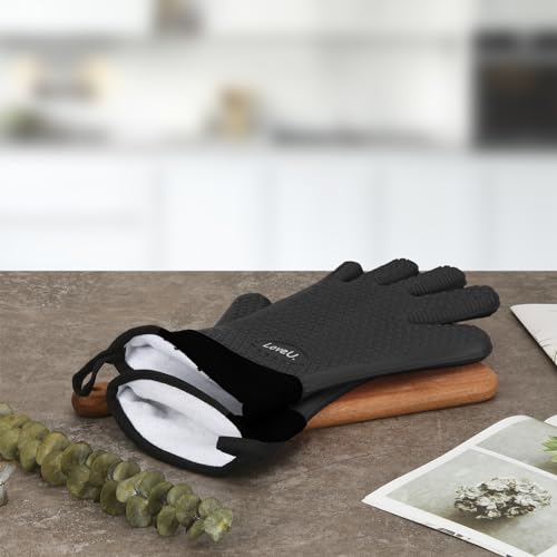 Image of Kitchen Oven Gloves - Dual-Layer Heat Resistant Grilling Gloves, Silicone Oven Mitts with 5 Fingers, Waterproof Non-Slip Pot Holder for Barbecue, Cooking, Baking (XL-XXXL, Black Long)