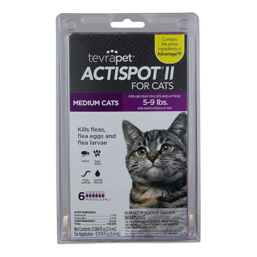 TevraPet Actispot II Flea Treatment for Small and Medium Cats 5-9 lbs | 6 Doses | Powerful Prevention and Control, Clear