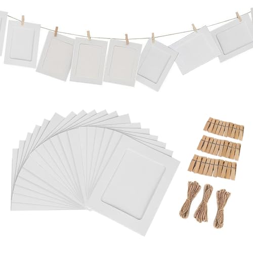 フォトフレーム 30枚セット ピクチャーフレーム 紙製 ペーパー 写真フレーム 写真ガーランド クリップと紐付き 壁掛け 展示ピクチャー 写真立て 写真飾り (白色)