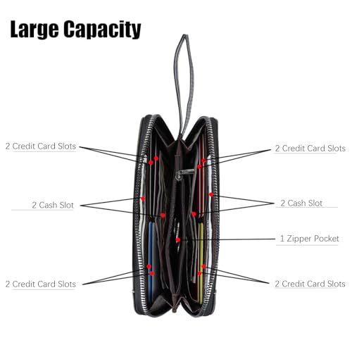 Long Wallets for Men, Simple Zipper Wallets for Men with 8 Card Slots, Zipper Coin Pocket and 2 Cash Slots, Checkbook Wallet with Wrist Strap (Coffee)4