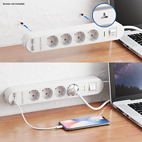 deleyCON 3,0m 4 Fach Steckdosenleiste mit USB Stromleiste 4X Schutzkontaktbuchsen 2X USB-A Ladebuchse für z.B. Handy & Tablet Überspannungsschutz EIN/AUS Schalter Weiß - Image 4