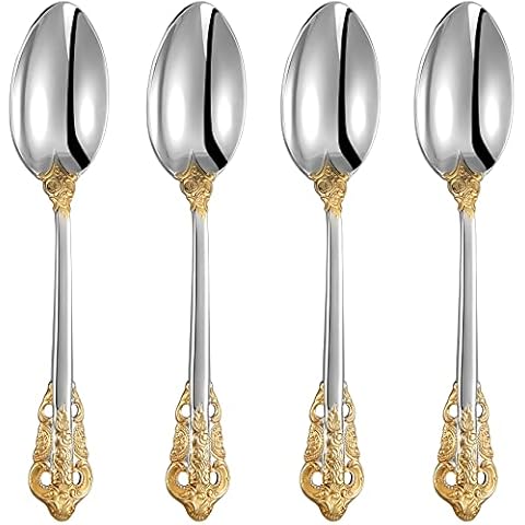 KEAWELL Gorgeous Dinner Spoon, Set of 4, 18/10 Stainless Steel Tablespoons, Silverware Spoon Set, Mirror Polished, Gold Accent Cover