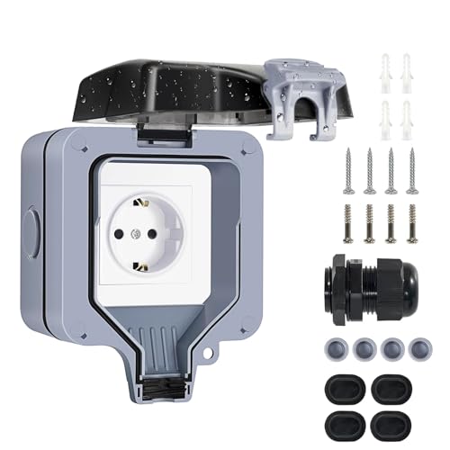 Presso presa esterna impermeabile, spina resistente alle intemperie IP66 con montaggio a superficie, presa da parete esterna 16A con coperchio a ribalta, pres a da giardino a 1 via per ambienti umidi