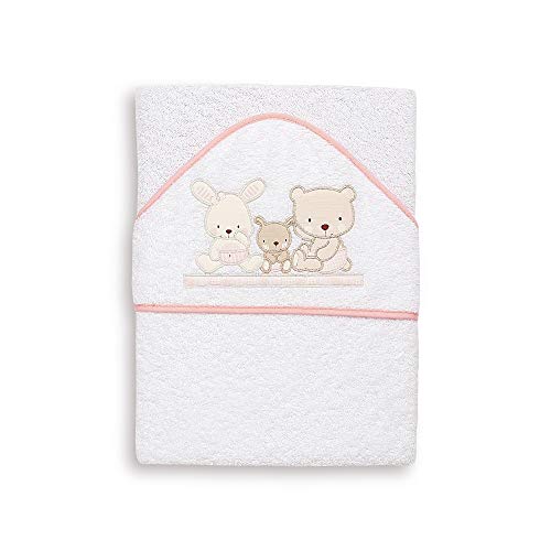 Interbaby - Capa de Baño Bebe Love Blanco/Rosa | Toalla Bebe con Capucha 100% Algodón, 100x100cm, Unisex | Suave, Cómoda, Secado Rápido | Ideal para Recién Nacidos, Bebes y Niños Pequeños