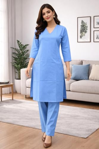 Image of JAIPUR HAND BLOCK Women's Cotton plain Straight Salwar Suit | V-Neck | 3 /4th Sleeve | Regular Fit | Daily, Office & Ethnic Wear(ST00125-V-NEW)