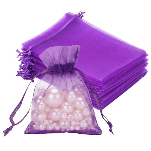Image of joycraft 50Pcs Organza Bags, 2.7 inchx3.5 inch Gift Favor Bags, Purple Breathable Tulle Bags with Drawstring, Sheer Mesh Pouch Drawstring Bags for Wedding Favor, Jewelry, Makeup, Candy