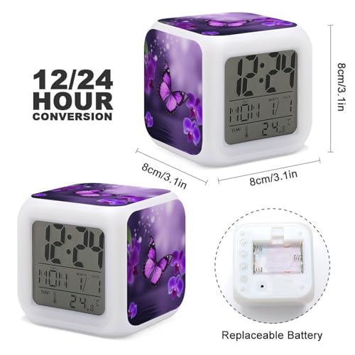 Réveil numérique papillon violet avec LED 7 couleurs et température