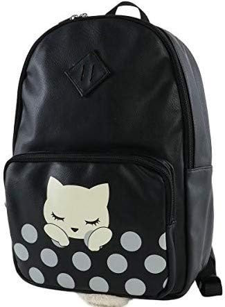 Casual Backpack Daypack 40cm Leather with Cat Tail - Osumashi Pooh Chan Cat – Black with Dots P171114-15 from Japan (Black PU Leather with Cat Tail)