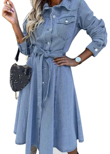 utcoco Denim Dress for Women 2025 Casual Belted Long Sleeve Button Down Midi Jean Dresses with Pockets