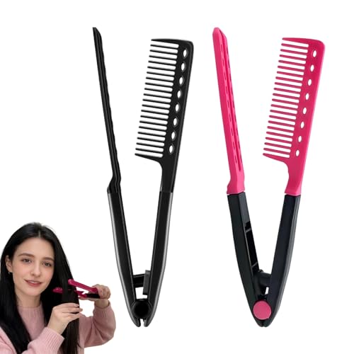 2PCS Straightening Comb Heat-Resistant V Hair Straightening Brush Hair Straightening Comb for Sleek Styling Beginners & Women (Rose Red & Black)
