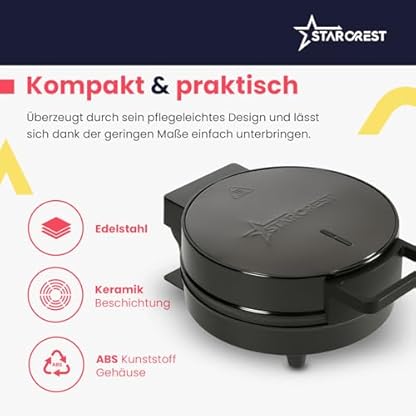 Starcrest Waffeleisen Herzform für 5 Waffeln - pflegeleichter Waffle Maker mit Cool-Touch-Griff, 1200W, rutschfeste Füße, antihaftbeschichtet, Kontrollleuchte, Edelstahl-Schwarz – Bild 7