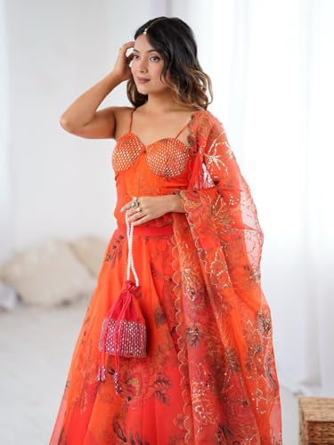 Image of MARUTI FASHION HOUSE Readymade Lehenga Choli Indo-Western Set For Womens & Girls Heavy Pure Organza digital printed 8mtr flair lehenga with canvas patta can can and with dori Chaniya Choli Wedding