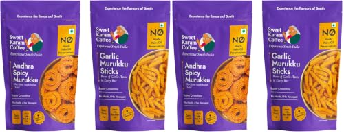 Image of Sweet Karam Coffee Andhra Spicy & Garlic Murukku Combo | No Palm Oil | No Preservatives | South Indian Chakli | Crispy & Crunchy Tea-Time Snack | Festive Special | Homemade Recipe | 95g x 4 Packs