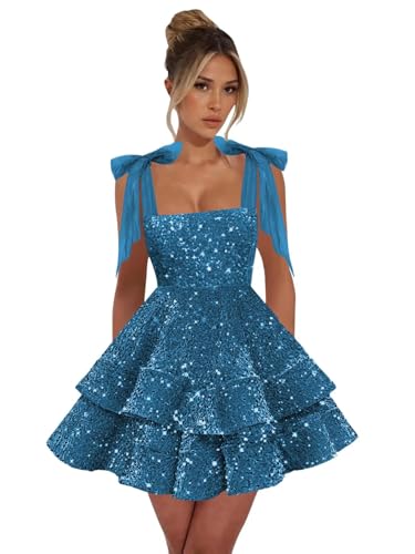 Sparkly Sequin Short Homecoming Dresses 2025 Bow Tiered Mini Cocktail Party Dress PU200