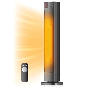 PELONIS 30” Ceramic Tower Space Heater with Adjustable Thermostat for Large Room, 75° Oscillation, Remote Control & 12H Timer, Tip-Over Switch & Overheating Protection, 1500W, PHF15RSAPH30, Black