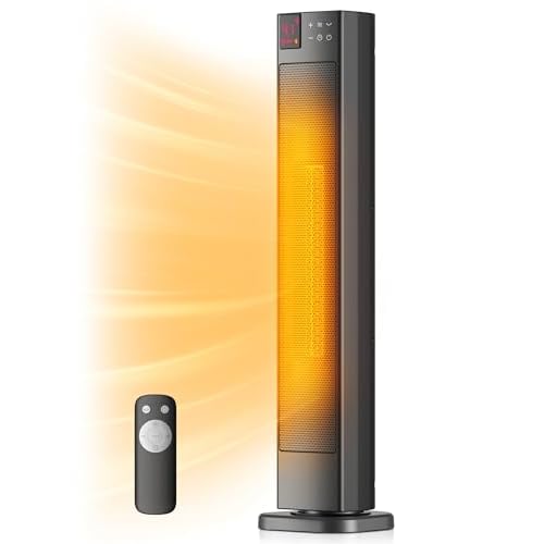 PELONIS 30” Ceramic Tower Space Heater with Adjustable Thermostat for Large Room, 75° Oscillation, Remote Control & 12H Timer, Tip-Over Switch & Overheating Protection, 1500W, PHF15RSAPH30, Black