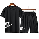 TIUTIU Herren Sportanzug Jogginganzug Trainingsanzug Fußbal Sportbekleidung 2-Teiliges Sommer Shortanzug T-Shirts + Kurze Hose Sets Freizeitanzug Fitness Gym Running (Black,M)
