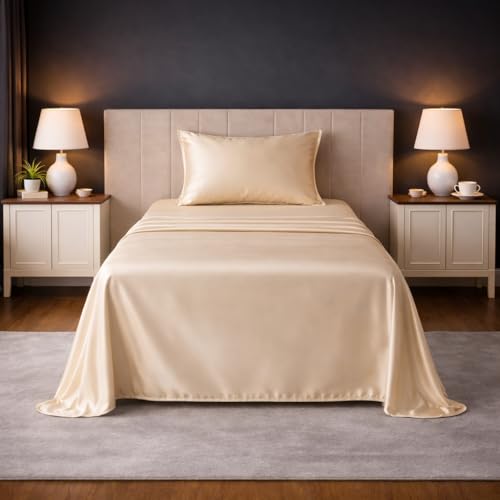 Image of LANE LINEN 100% Cotton Satin Fantasy Bedsheet Single Size - Linen | OEKO-Tex Certified, 100% Cotton Satin Weave, Gentle on Skin & Hair, Wrinkle-Free, Includes 1 Pillow Cover