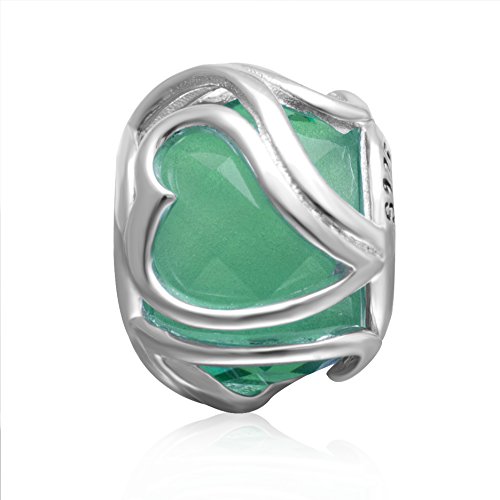 Radiant Heart Glass Charm 925 Sterling Silver Birthstone Love Valentines Charm For Pandora 3Mm Snake Chain Bracelet (Green) #TOP1