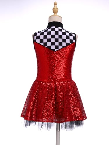 Girls Racer Cheer Leader Uniform Sequined Sleeveless Leotard with Checkered Tutu Skirt Outfit Red 4 Years4