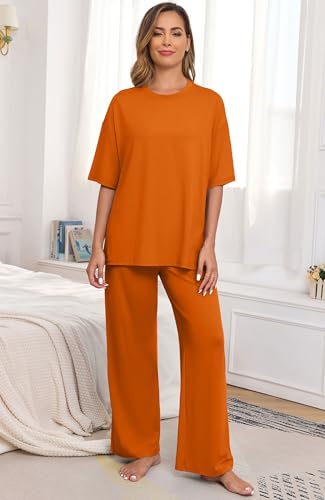 Image of PrinStory Womens Pajamas Sets 2 Piece Lounge Set Short Sleeve Tops and Long Pants Soft Pjs Loungewear with Pockets