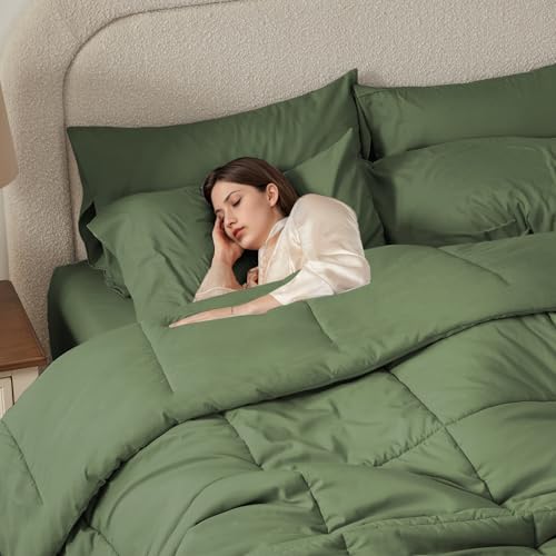 Anluoer Queen Comforter Set 7 Piece, Olive Green Bed in a Bag with All Season Bedding Comforter Sets, 1 Comforter, 2 Pillow Shams, 2 Pillowcases, 1 Flat Sheet, 1 Fitted Sheet