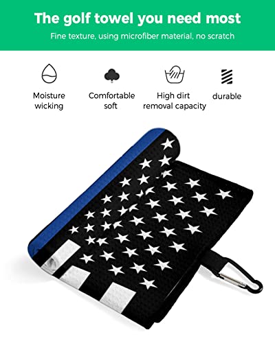 Golf Towel Microfiber Waffle Pattern Towel With Carabiner Clip,Usa Flag Thin Blue Line Black White Star Golf Towels For Man Woman Club Cleaner,Patriotic America Law Enforcement Flags Golf Accessories #TOP1