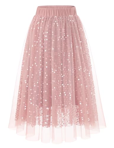 DRESSTELLS Pink Tulle Skirt for Women, Sequin Midi Puffy Fairy Pleated Swing Skirt with Lining, Sparkly Aline Flowy Halloween Plus Mesh Skirts 2XL