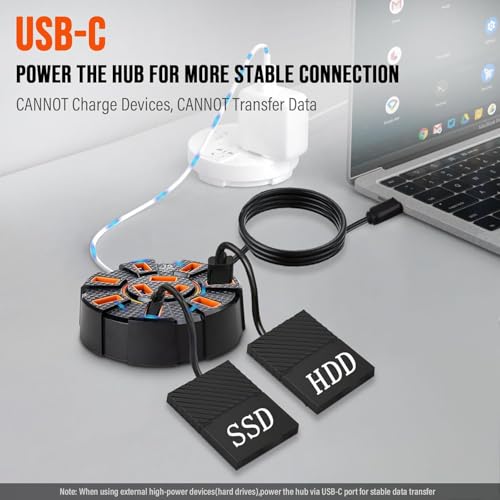 Image of 10 Port USB 2.0 HUB with Power /Data Port, 5gbps Hi-Speed Data Transfer, Plug and Play, USB Charging Docking Station Gaming Hub for Laptop, Computer (Round)
