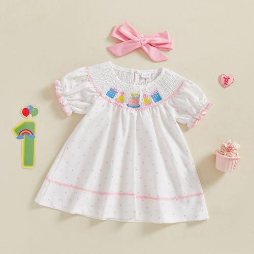 Toddler Baby Girl Birthday Outfit Cake Embroidery Smocked Dress Short Sleeve Princess Party Dresses Summer Clothes2