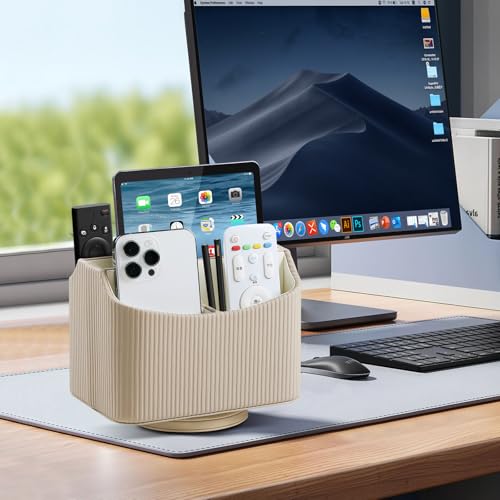 PU Leather Remote Control Holder, 360 Degree Rotating Desk Organizer Storage Table Remote Caddy, Spinning Bedside Organizer Nightstand Organizer for Desktop Office Home (Beige) - Image 3