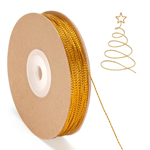 G2PLUS Metallic Gold String Twine: 1mm Tinsel Thread Cord, 100M Non-Elastic String for Crafts & Hanging Christmas Ornaments & Cards