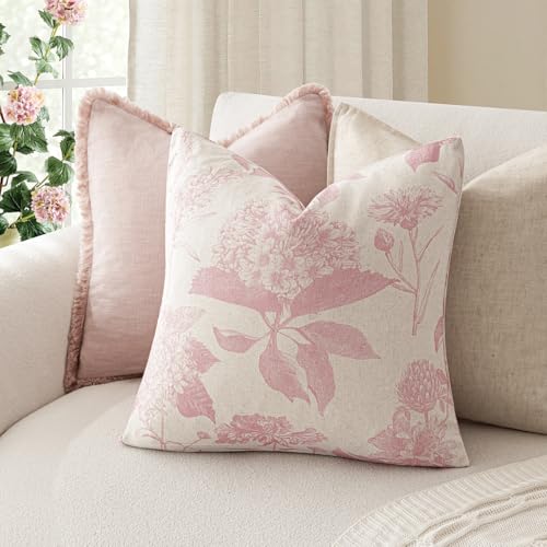 Image of Foindtower Set of 2 Linen Floral Throw Pillow Covers Neutral Vintage Print Decorative Cozy Cushion Covers Farmhouse Boho Home Decor for Sofa Chair Couch Bedroom Living Room,22x22 Inch,Light Pink