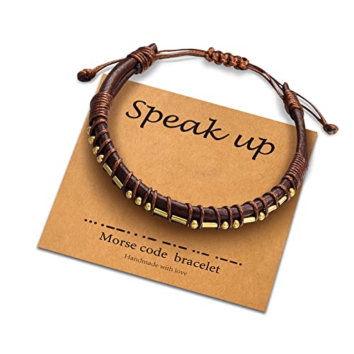 Vrsilver Bracelets for Mens Gifts, Brown Leather Bracelets for Men Gifts Speak Up Morse Code Bracelets Gifts for Men Inspirational Gifts Motivational Gifts for Mens Jewelry Encouragement Gifts for Men