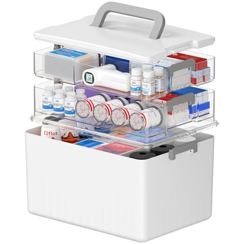 Lifewit Medicine Storage Box Plastic Empty First Aid Organizer with Handle Suit for up to 18cm Tall Bottle Medical Cabinet 3 Tier