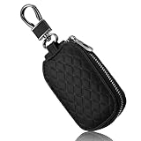 MBAIYO Genuine Leather Car Key Case, Universal Black Leather Key Fob Cover Protector with Zipper & Keychain, Premium Car Keys Holder Pouch for Men Women