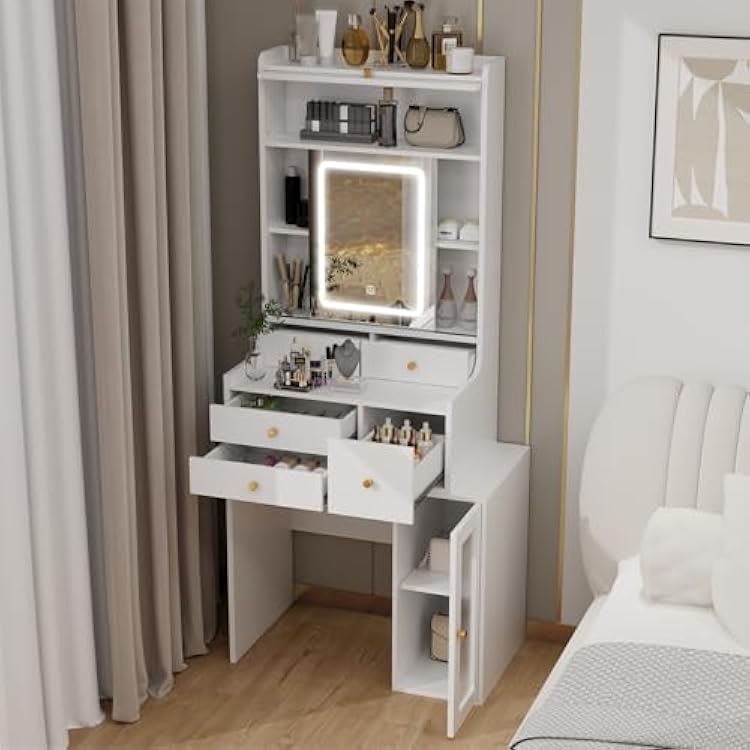 ARTETHYS Small Vanity Desk with Sliding Mirror and Lights White Makeup Vanities Set with Drawers Compact Dressing Table with Cabinet and Adjustable Shelves for Bedroom