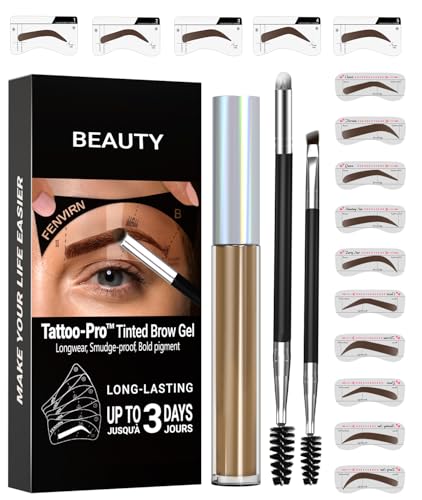 Kit de coloration pour sourcils - Gel couleur avec pochoirs, peinture gel de tatouage, facile à utiliser, dure 3 jours et résistant à l'eau, marron