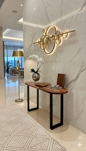 Image of Solid Sheesham Wood Console Table for Living Room | Entryway Hallway Sofa & Fish Tank Table | Rounded Edge Top with Modern Wooden Accent Design | Foyer Corridor Furniture | Light Walnut