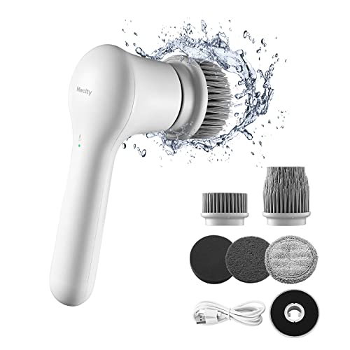 Mecity Electric Spin Scrubber with 5 Replaceable Brush Heads Rechargeable Shower Scrubber Cordless Motorized Scrubber Household Cleaning Brush for Bathtub, Cars, Tile Floor, Kitchen, Window, Wall