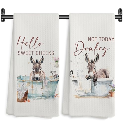 WARDOS Funny Donkey Hand Towels, Hello Sweet Cheeks Bathroom Decor, Donkey Gifts Decorative Hand Towels for Washroom Restroom, Farmhouse Hand Tea Towels for Bathroom, 16x24 Inch Set of 2