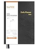 SUNEE 2026 Daily Planner A5 Hardcover – Hourly Schedule Organizer with Monthly Tabs & Task Tracker – Black Cover Time Management Notebook for Work, School, Personal Goals